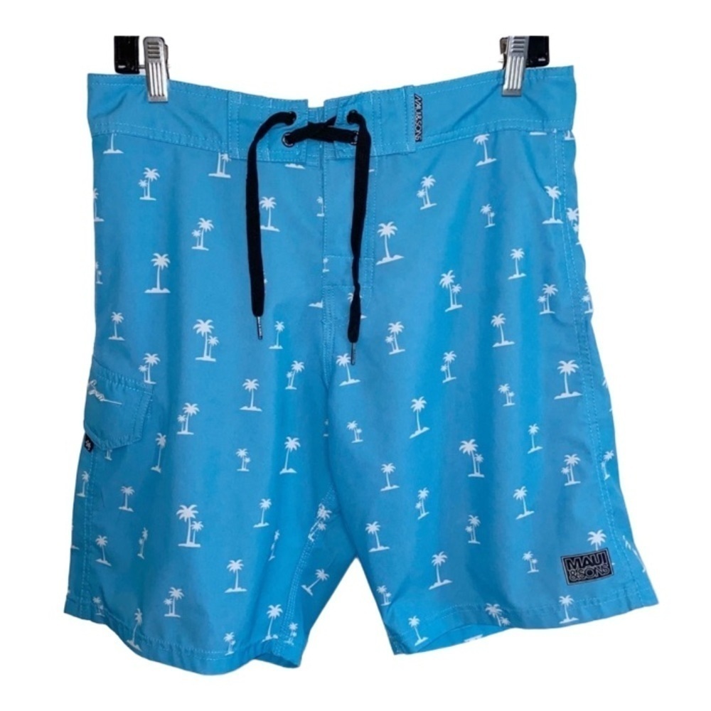 Maui & Sons PALM TREE POOL SHORTS/ Boardshorts Size 30 Tuquoise/White Beach Pool